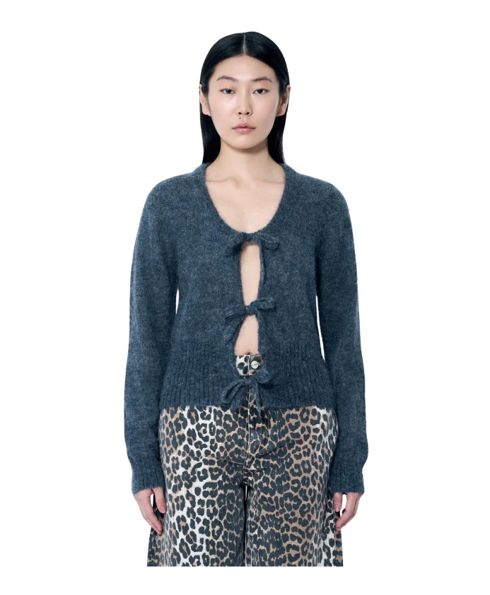 

Мохеровый кардиган с завязками Ganni, серый