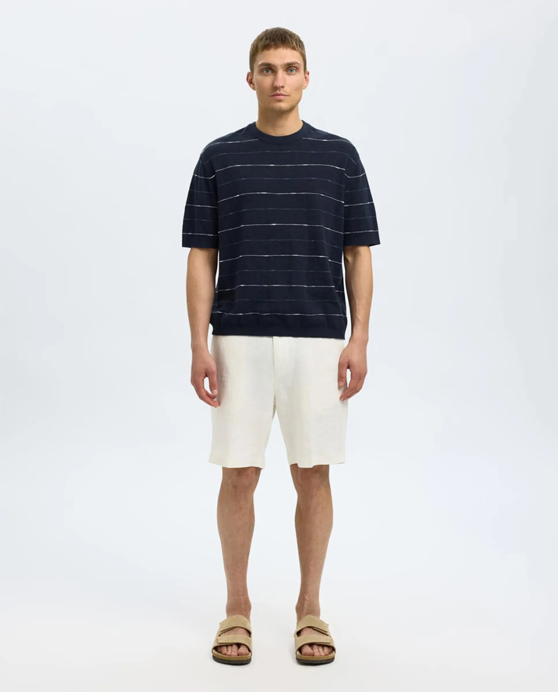 

Футболка из льна в полоску для мужчин, классический крой regular fit Selected, синий