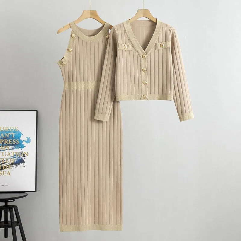 Женский костюм из свитера и юбки, вязаный, двухпредметный, Khaki