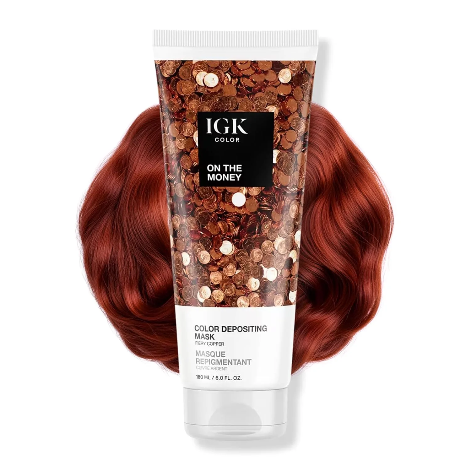 IGK On The Money Color Depositing Hair Mask | Fiery Copper Полуперманентный кондиционер и тонирующий блеск | Увлажняющая формула для сияния и обновления цвета | Vegan + Cruelty Free | 170 г, On The Money (Fiery Copper)