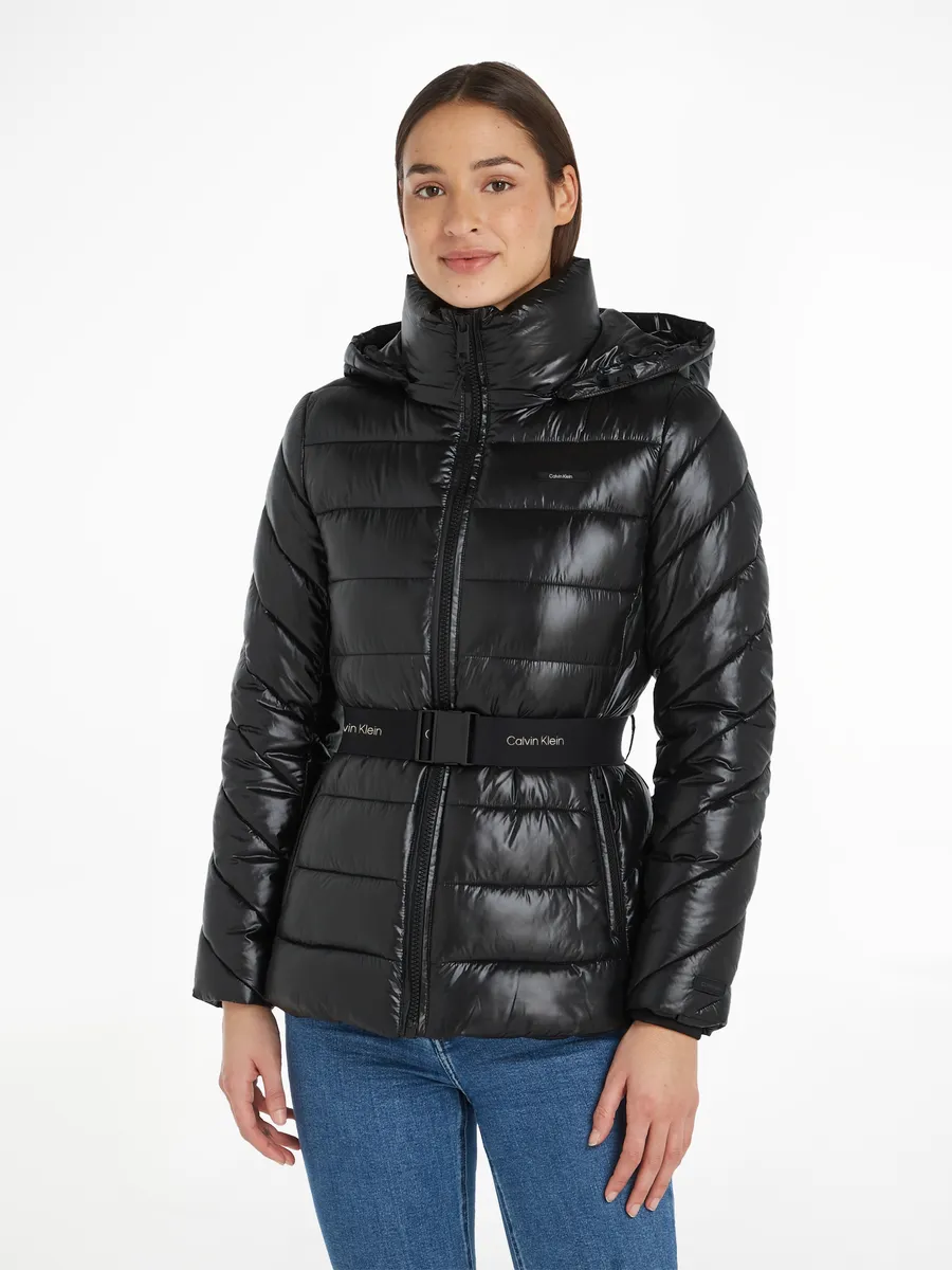 

Стеганая куртка Calvin Klein "ESS BELTED PADDED LW JACKET", с капюшоном, с фирменной этикеткой, черный