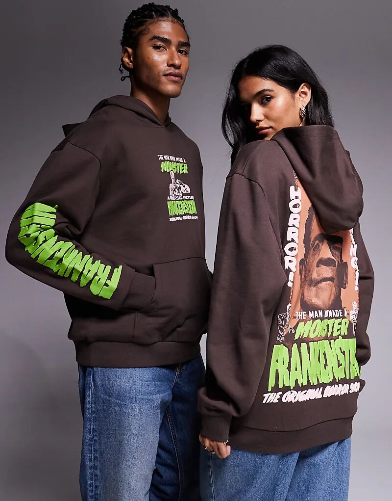 

Свободная толстовка унисекс с капюшоном ASOS DESIGN с принтом «Франкенштейн» коричневого цвета