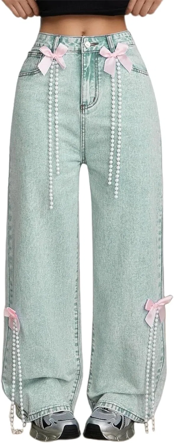 Джинсы свободные с бантом, Womens, синие