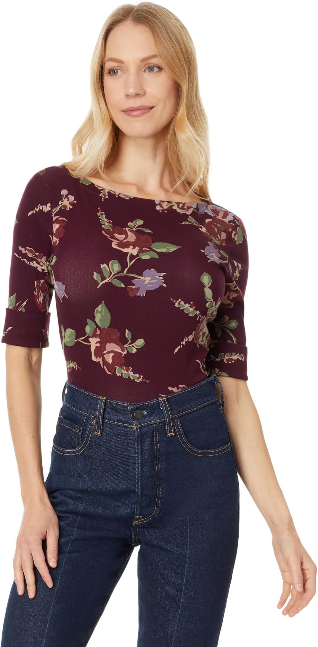 

Футболка Lauren Ralph Lauren Floral Stretch Cotton Boatneck Tee, цвет Burgundy Multi