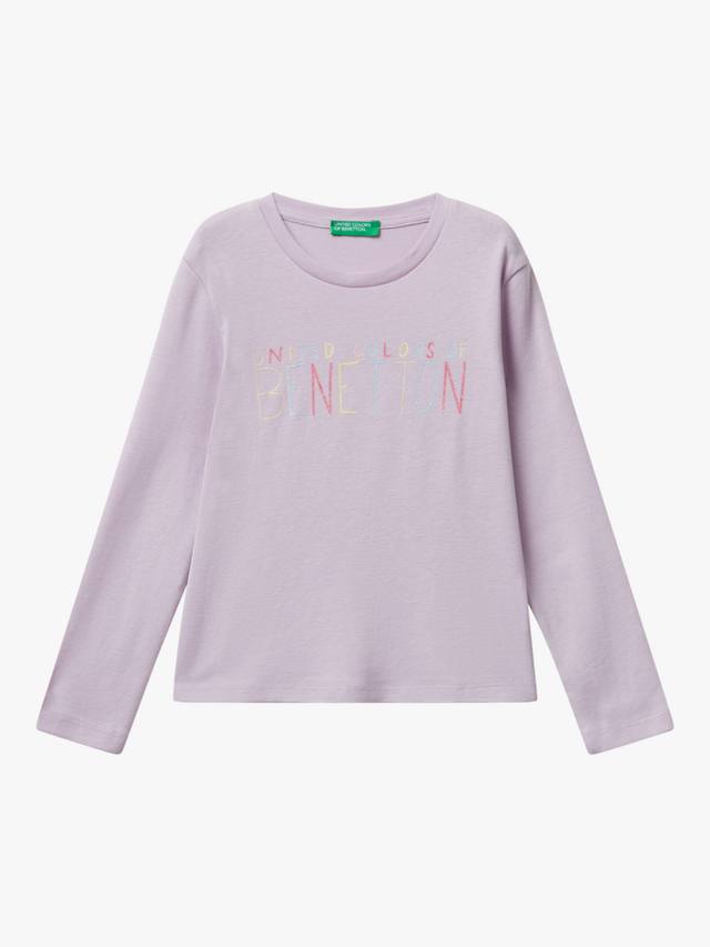 

Детская хлопковая футболка с длинным рукавом и блестящим логотипом Benetton, Violet