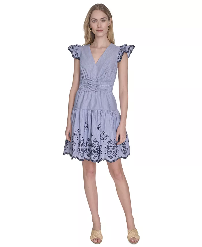 

Женское хлопковое платье с вышивкой и короткими рукавами Day Vince Camuto, синий