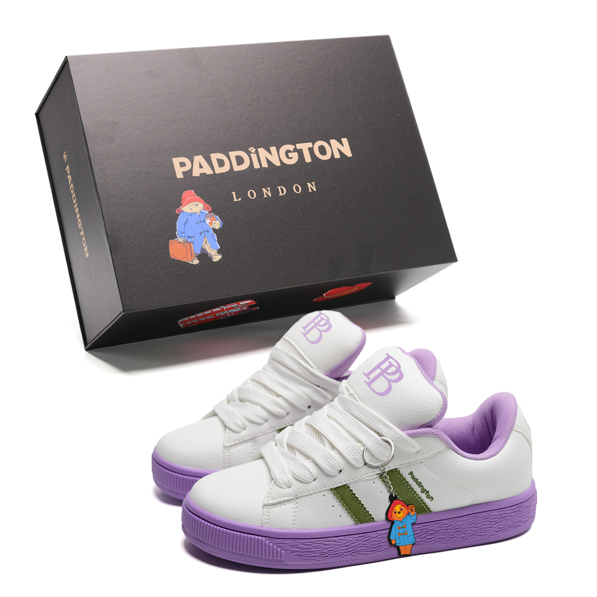 

Paddington Bears Износостойкие и легкие низкие скейтерские кроссовки унисекс бело-фиолетовые с бесплатной застежкой в виде медвежонка Паддингтона