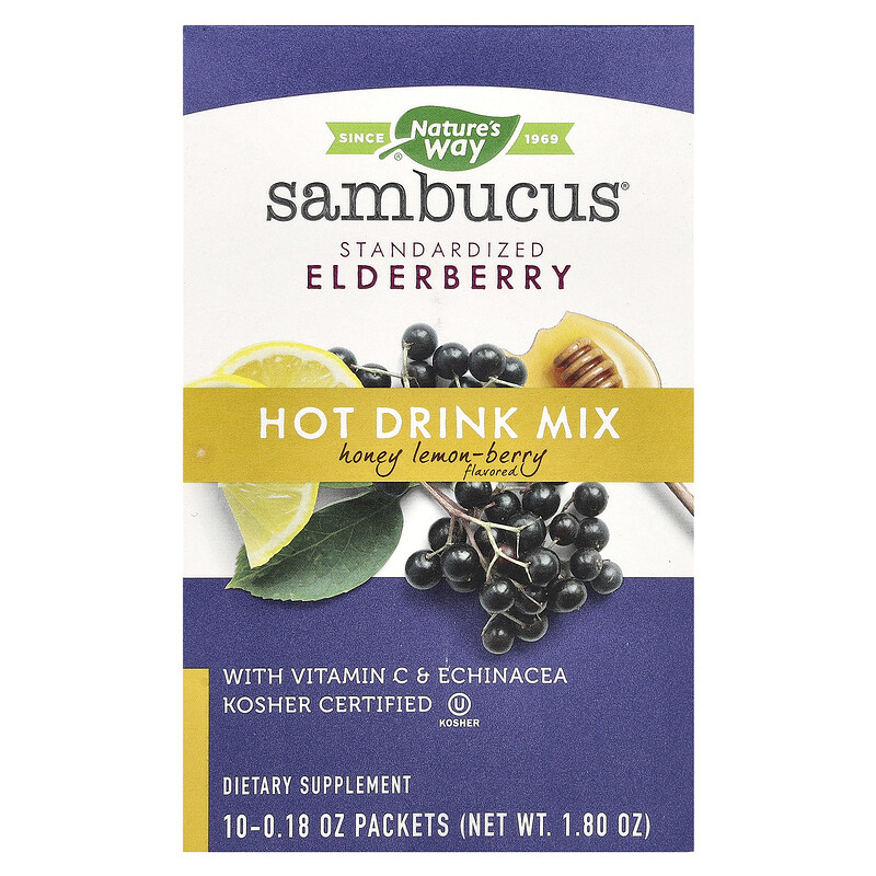 

Nature's Way, Sambucus, смесь для приготовления горячих напитков, стандартизированная бузина, мед, лимон и ягоды, 10 пакетиков по 5,1 г (0,18 унции)