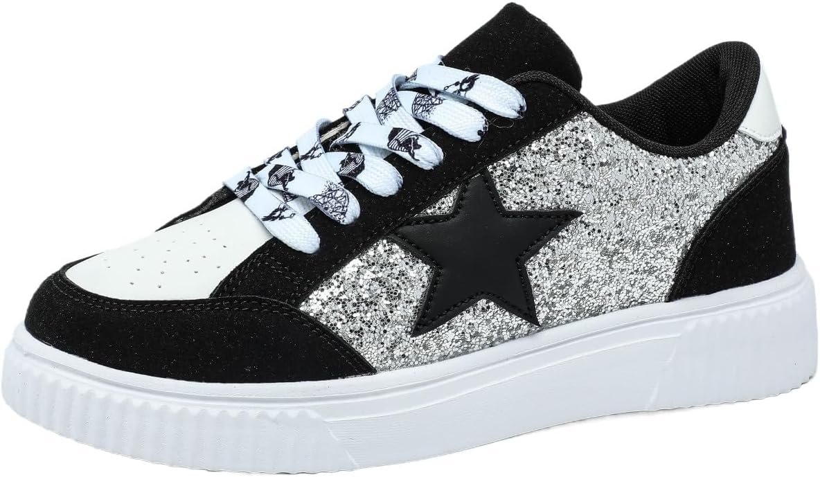 

Кроссовки из ПУ-кожи Y2K с звездной нашивкой, дышащие, низкие, для скейтборда, для мужчин, повседневная уличная одежда для школы, работы или свиданий, с блестками и деталями в виде пентаграммы Ctkvbmeoi, черный