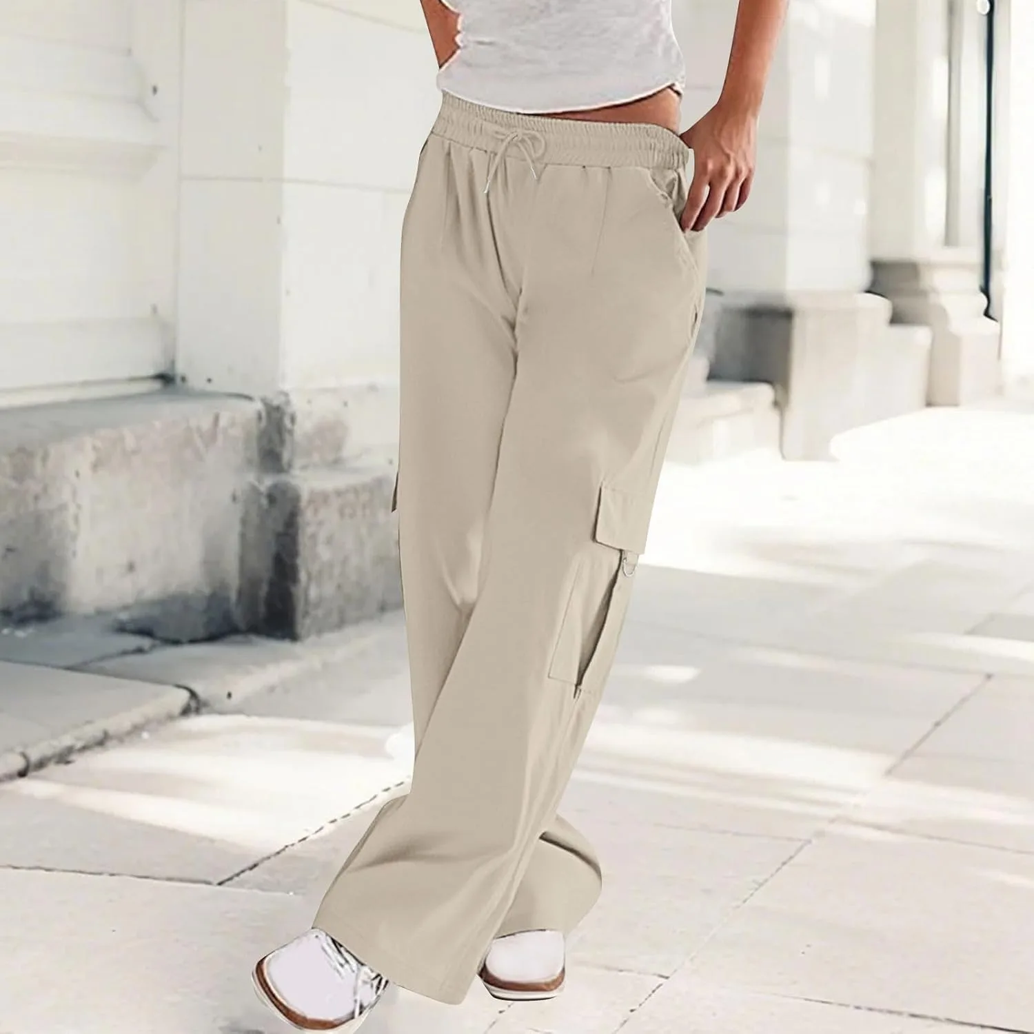 Женские брюки-карго, широкие штанины, высокая талия, повседневные брюки, однотонные, легкие, пляжные, свободные, спортивные брюки с карманами, модные Generic, бежевый — фото 2