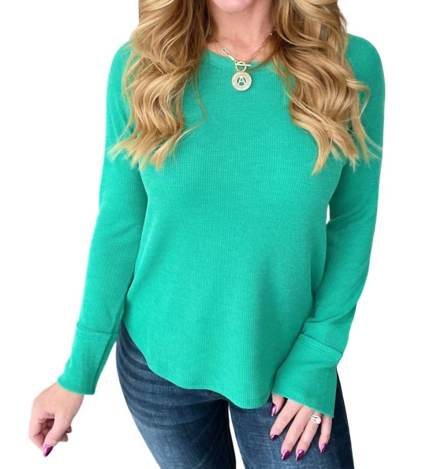 

Детский вафельный топ с длинными рукавами в цвете Kelly Green ZENANA
