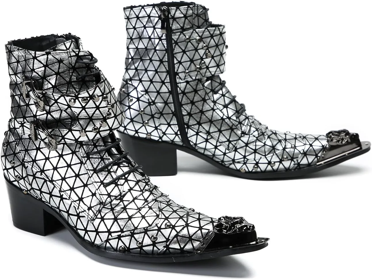 

Мужские повседневные вестерн-ботинки Santimon Mens - Средние ботинки из натуральной кожи с бусинами и металлическим носком «крыло» для выпускного, балла или дискотеки, серебряный