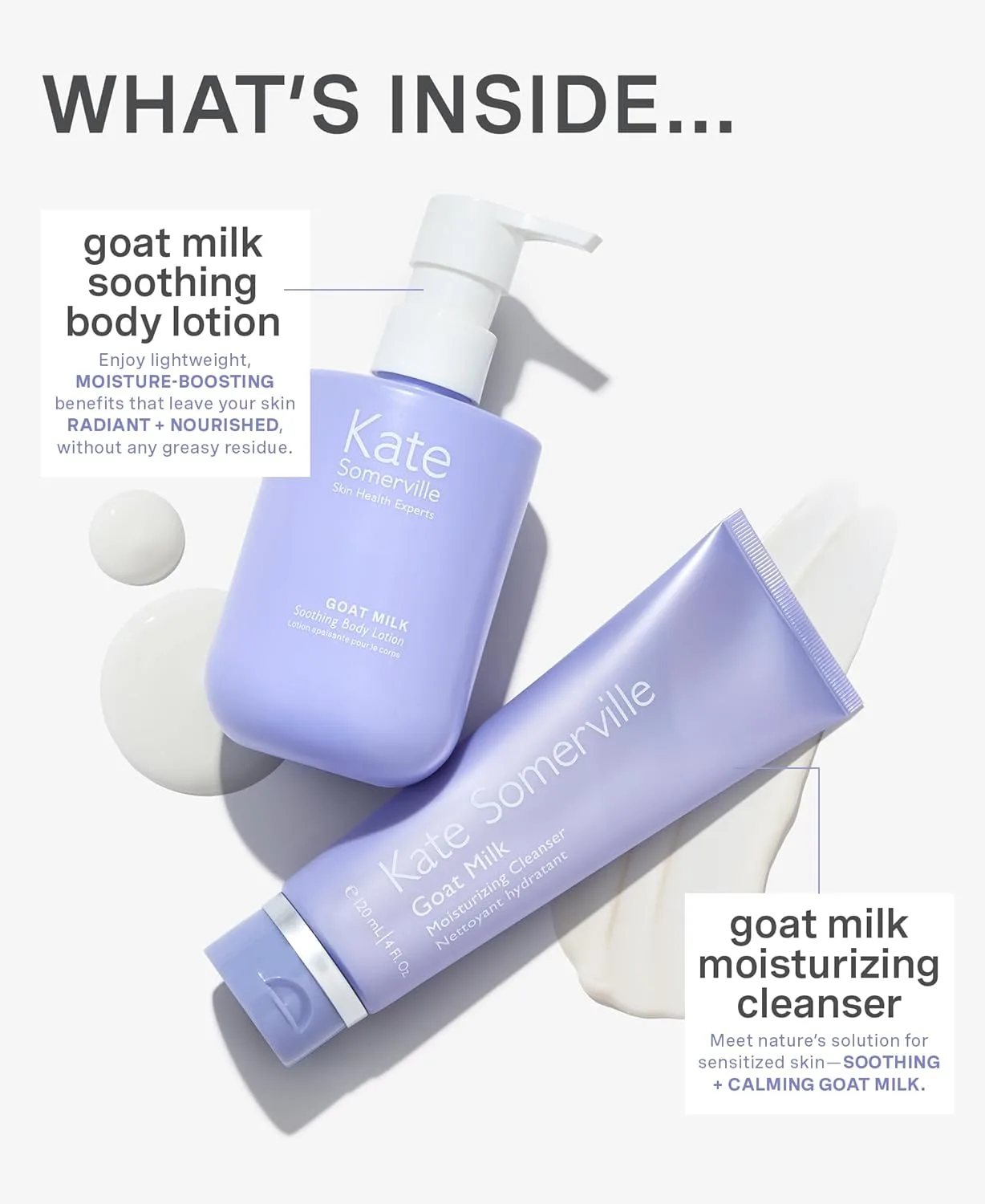 Набор Kate Somerville Stressed Skin Saviors Goat Milk Set - полноразмерный набор для ухода за кожей лица и тела, включающий очищающее средство и лосьон для тела на основе козьего молока. — фото 2