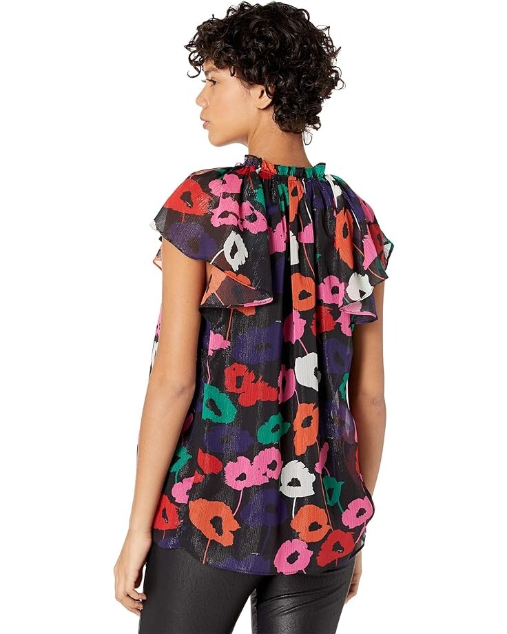 

Топ MILLY Lydia Poppy Print on Crinkle Chiffon Top, черный мульти