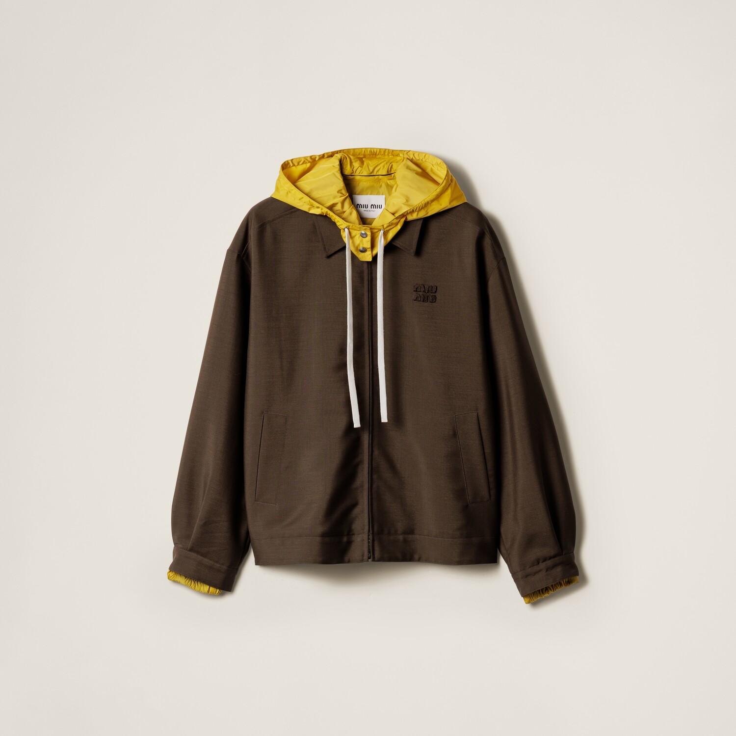 

Блузон из мохера козленка и технического понже MIU MIU, торфяной коричневый/горчичный