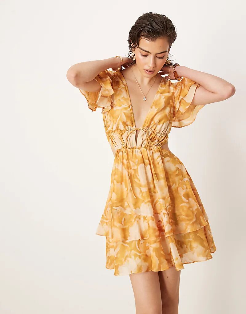 

Мини-платье ASOS DESIGN с V-образным вырезом, рукавами-ангелочками и цветочным принтом