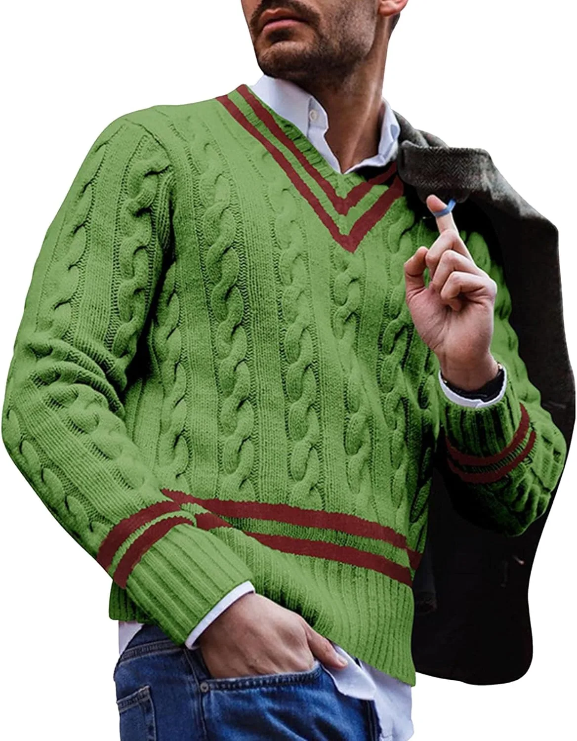 

Мужской свитер с V-образным вырезом и рельефным узором SWJGLITTR