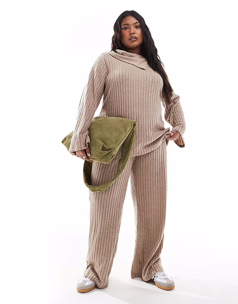 

Широкие брюки Vero Moda Curve из ребристого джерси бежевого цвета