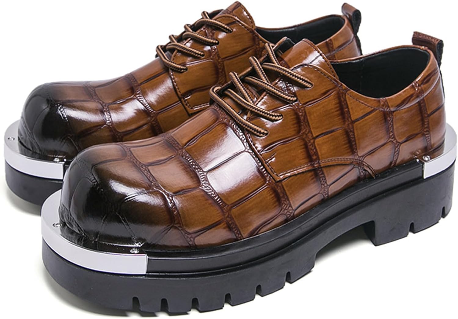 

Мужские кожаные оксфорды с металлической пластиной на платформе, модные крокодиловые, с круглым носком, на шнуровке, с массивным каблуком, противоскользящей подошвой и подъемом, дерби Bangteuo, Brown-a