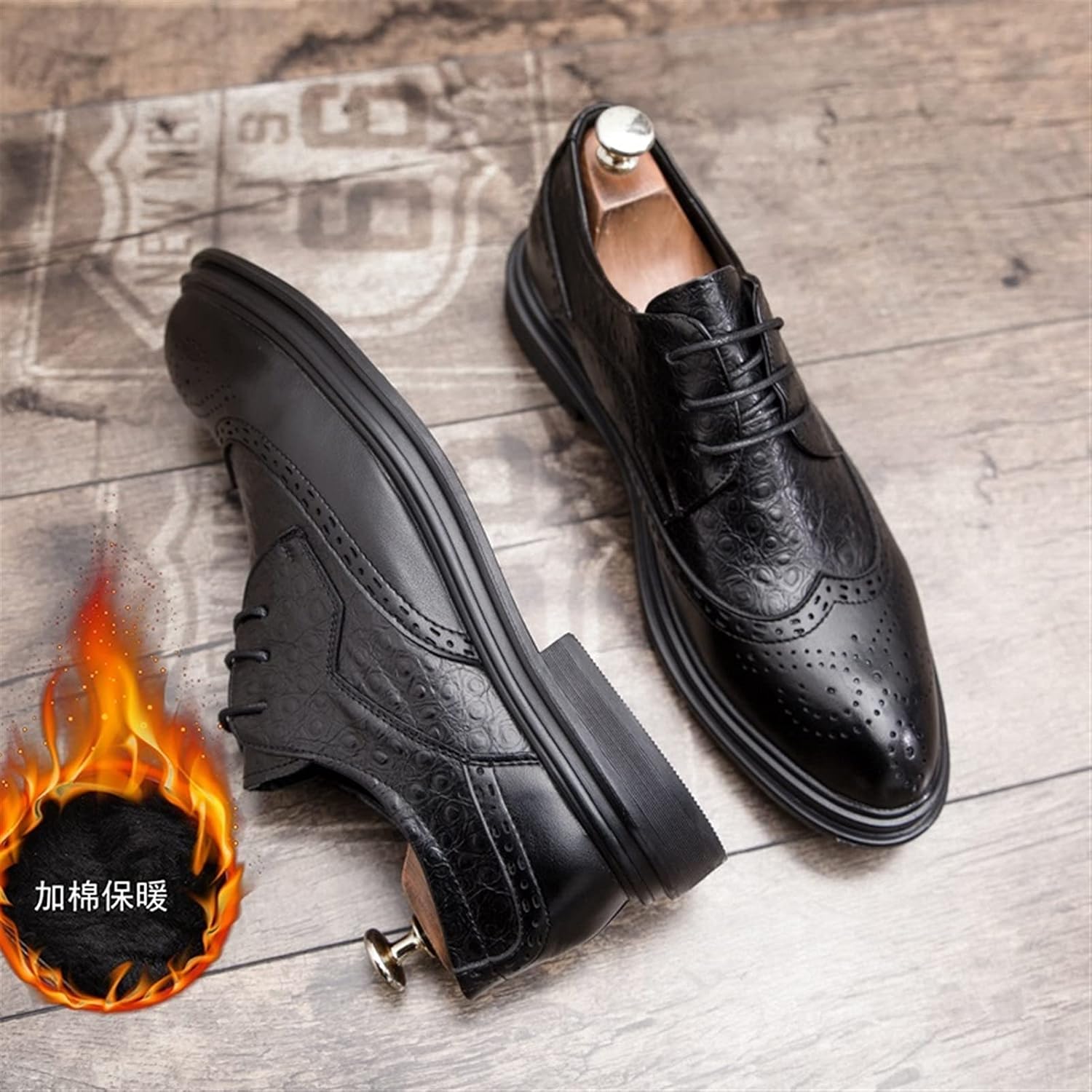 Мужские туфли Oxford с шнуровкой и перфорацией Wing Tip Brogue, дерби, искусственная кожа, низкий каблук, противоскользящая резиновая подошва, для вечеринок (цвет: черный, размер: 6) Dodani — фото 3