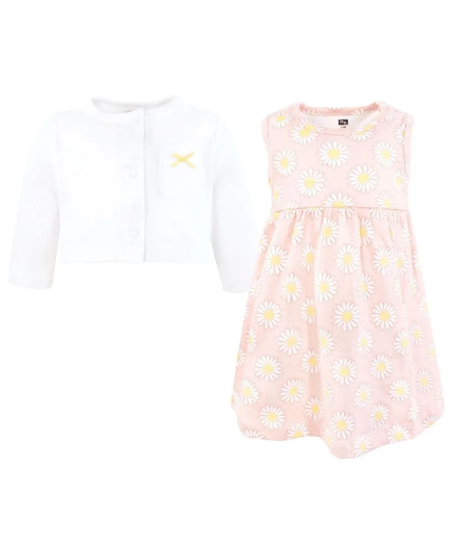 Удобный хлопковый комплект из платья и подходящего кардигана Hudson Baby, розовый daisy — фото 3