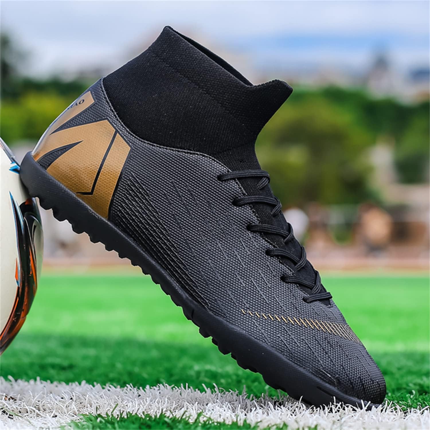 Кроссовки JOSKAA Unisex Soccer Skeak легкие, дышащие, не скользят и амортизируют, а The Youth high top Indoor Lawn Training Hard Bottom TF/AG, черный — фото 4