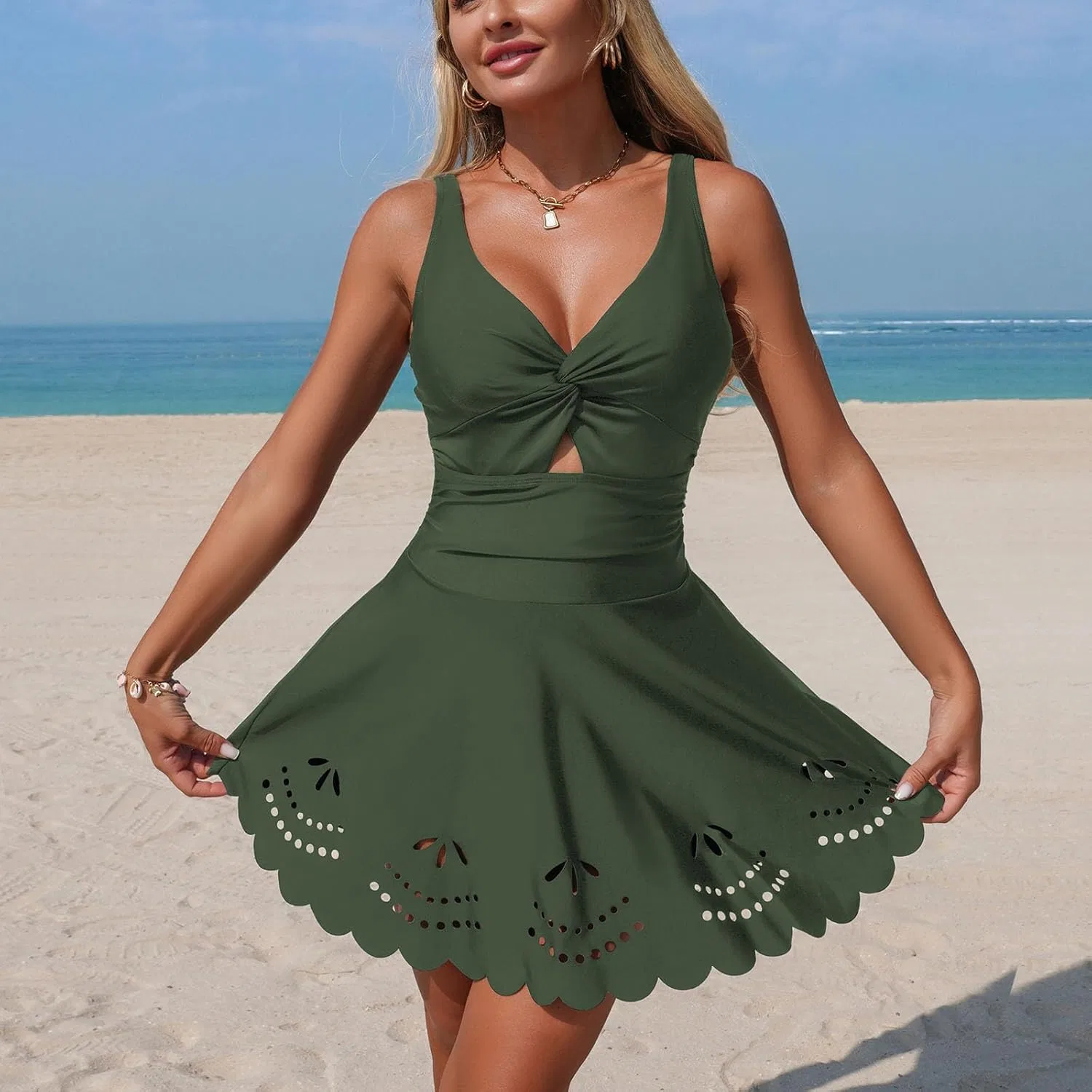 Купальник-платье Eyelet One Piece с завязкой спереди, утягивающий живот, на регулируемых бретелях Generic, зеленый — фото 2
