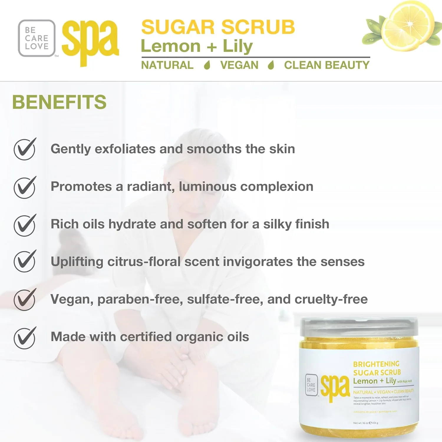 BCL Spa Lemon Lily Sugar Scrub - Профессиональный скраб для тела, придающий сияние тусклой коже, средство для ухода за телом, произведено в США, 450 мл. 453.60 г (1 шт.), Olive — фото 4