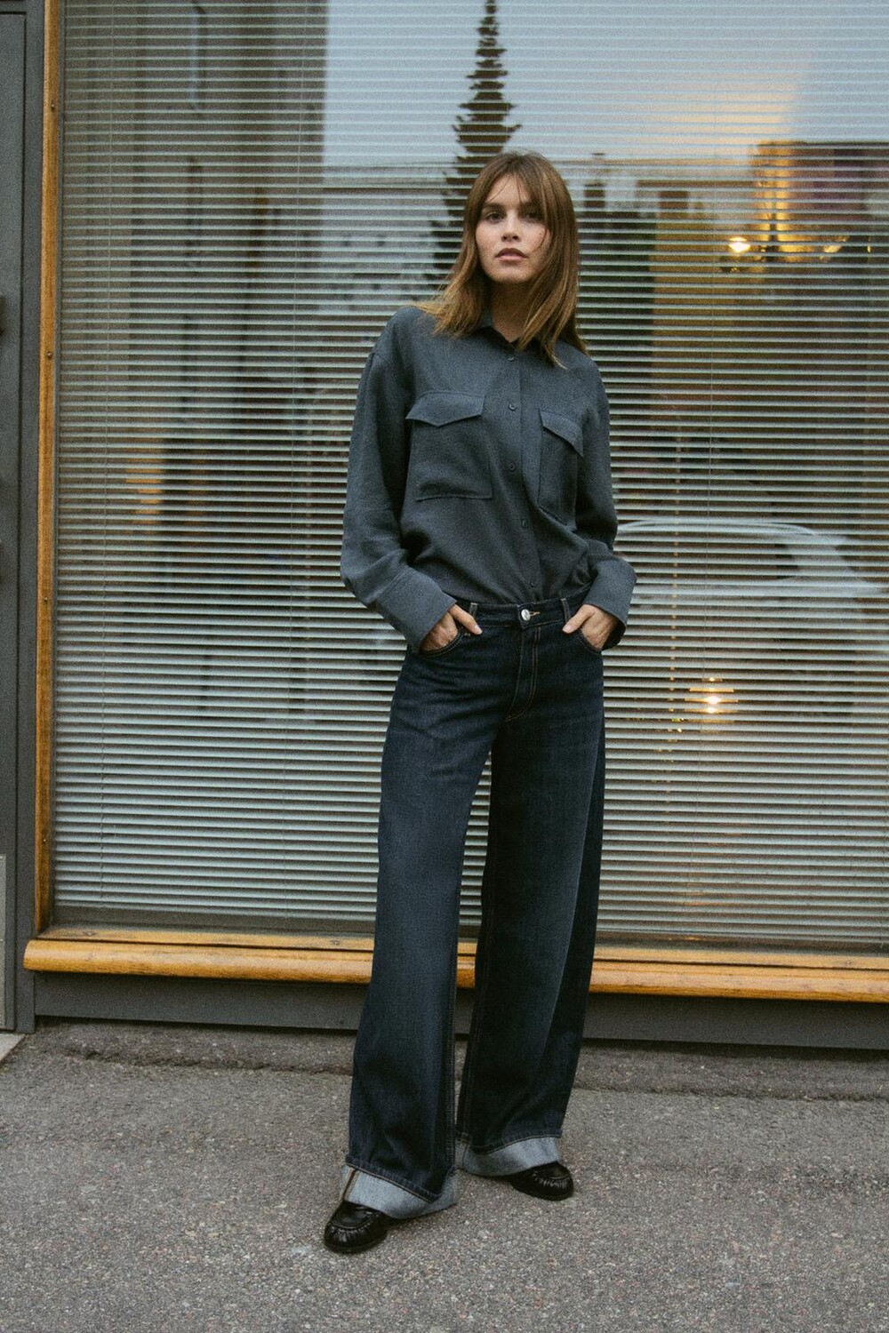 

Рубашка из струящейся рубашки oversize ZARA, цвет washed petrol