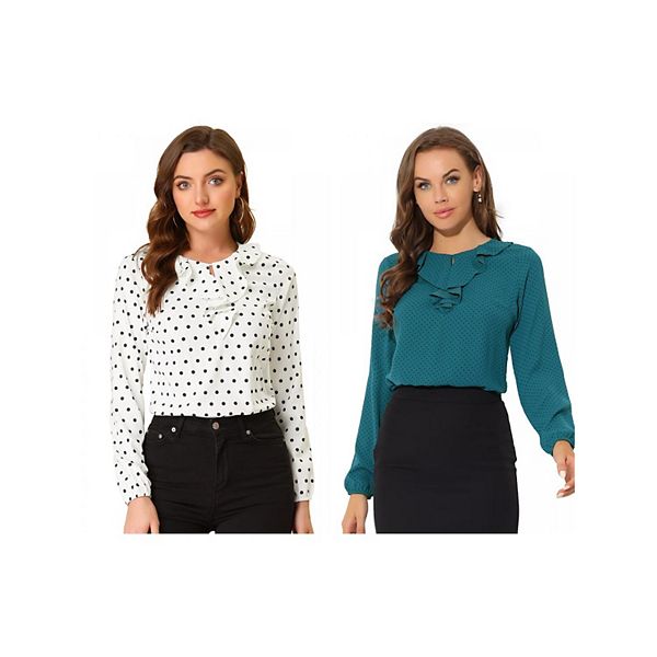 

2 упаковки блузки с длинным рукавом и рюшами на воротнике в горошек Inspire Chic, Blue White Black Dots