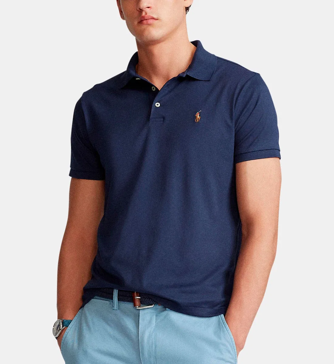 Фирменное поло из хлопкового пике, приталенного кроя POLO RALPH LAUREN, синий