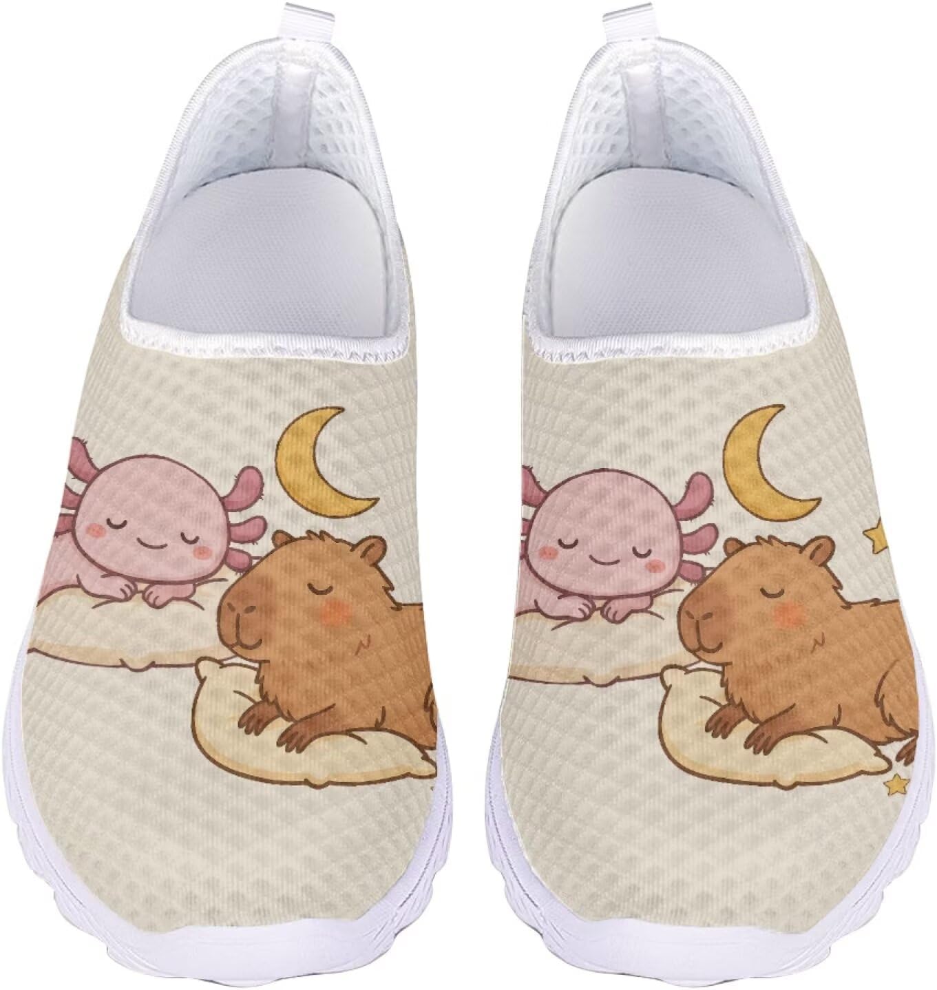 

Кроссовки Jeiento Cat Sheos для женщин и мужчин, слипоны, сетчатые, легкие, спортивная обувь, плоская подошва, широкий носок, обувь для ходьбы, Cartoon Capybara and Axolotls