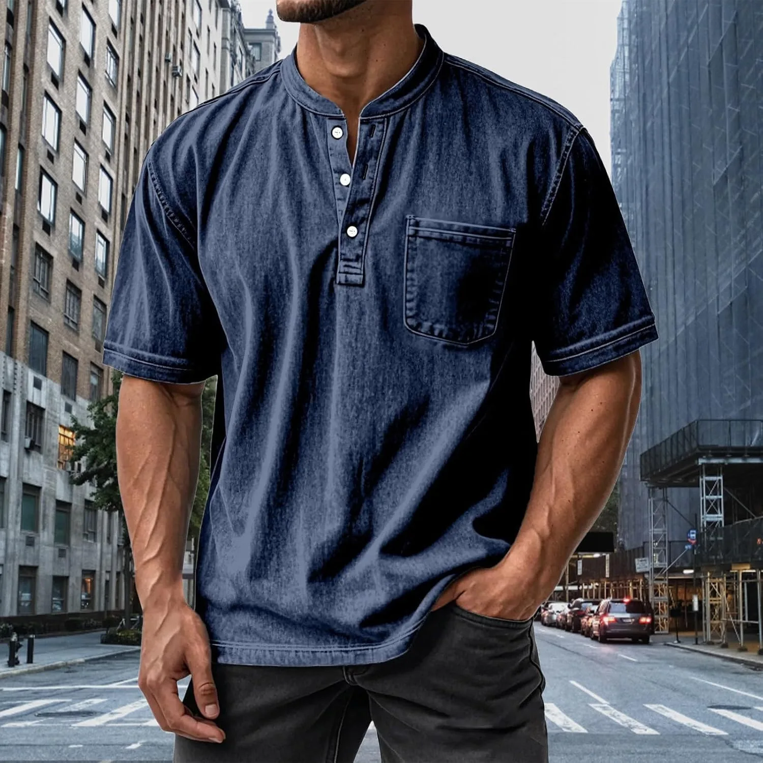 Мужская хлопковая рубашка Vintage Henley с коротким рукавом, Casual, Washed Imitation Denim, Loose Fit — фото 2