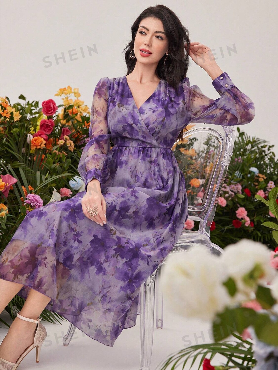 

Платье модельное Shein с V-образным вырезом и цветочным принтом, фиолетовый