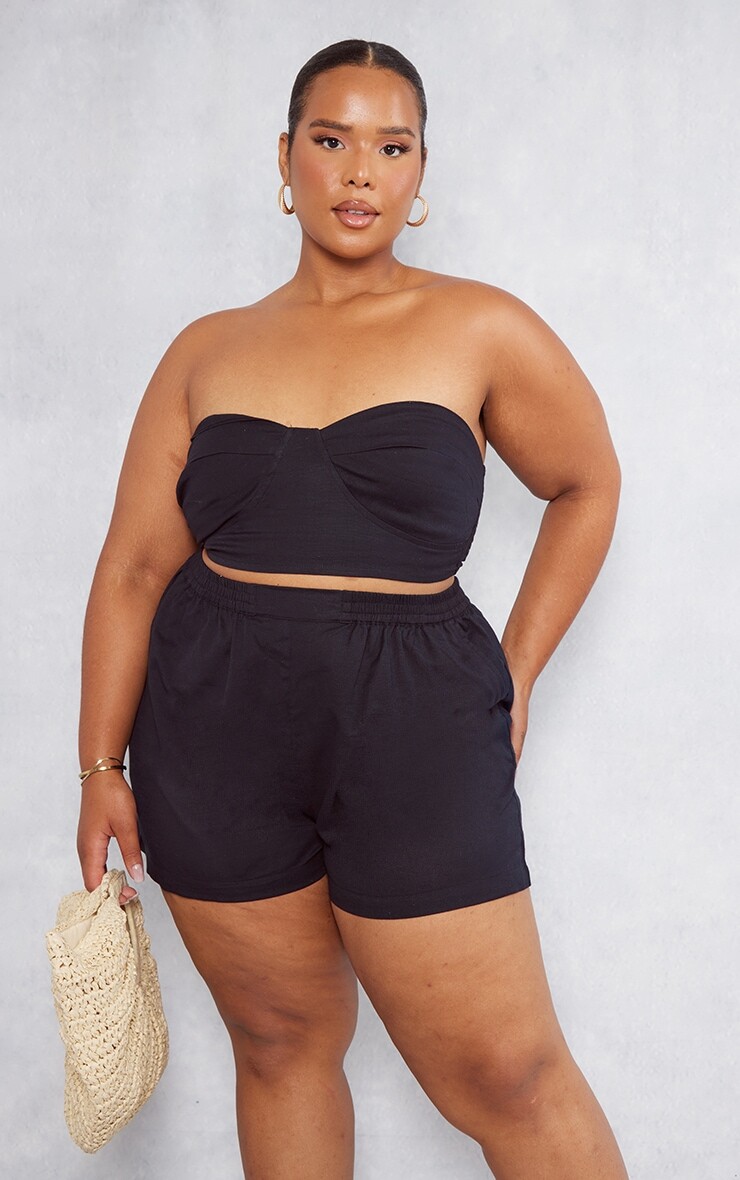 

PrettyLittleThing Черный льняной топ-бандо Plus