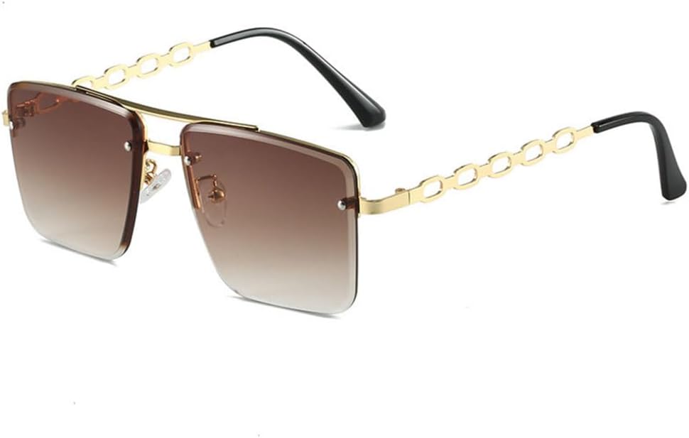 

Солнцезащитные очки LVTFCO с персонализированной цепочкой, полыми дужками, металлическими элементами, без оправы, с закругленными краями, модные очки для мужчин и женщин, Gold Tea