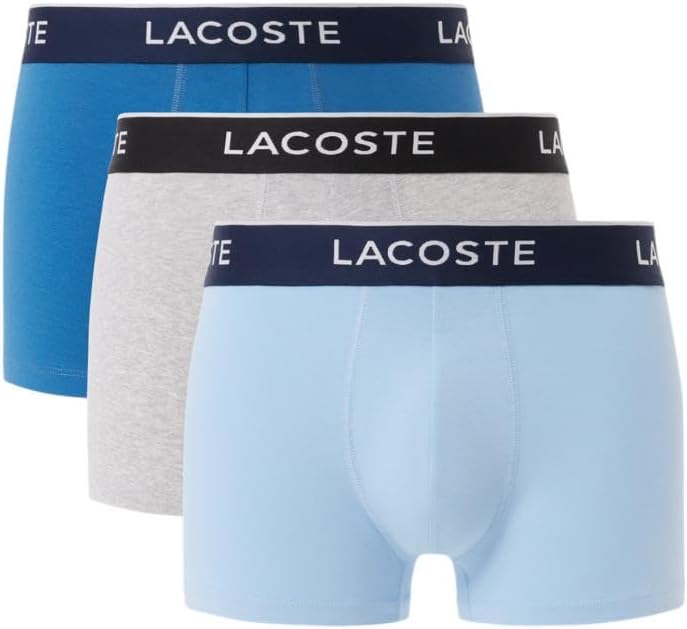 

Мужские хлопковые трусы-боксеры Lacoste с трехцветным поясом, 3 пары, Royal Blue/Light Blue/Grey