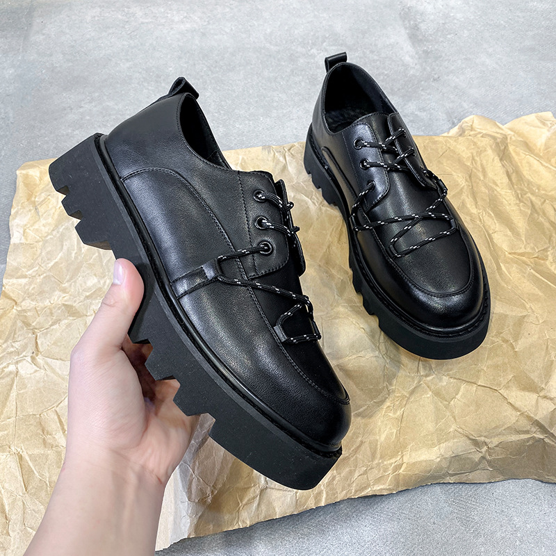 WEISHIBANGWEI Повседневные кожаные туфли мужские черные с потайным клином, цвет Black Hidden Wedge — фото 4