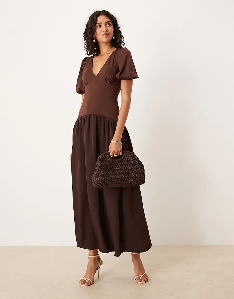 

Коричневое платье миди с рукавами-фонариками ASOS DESIGN