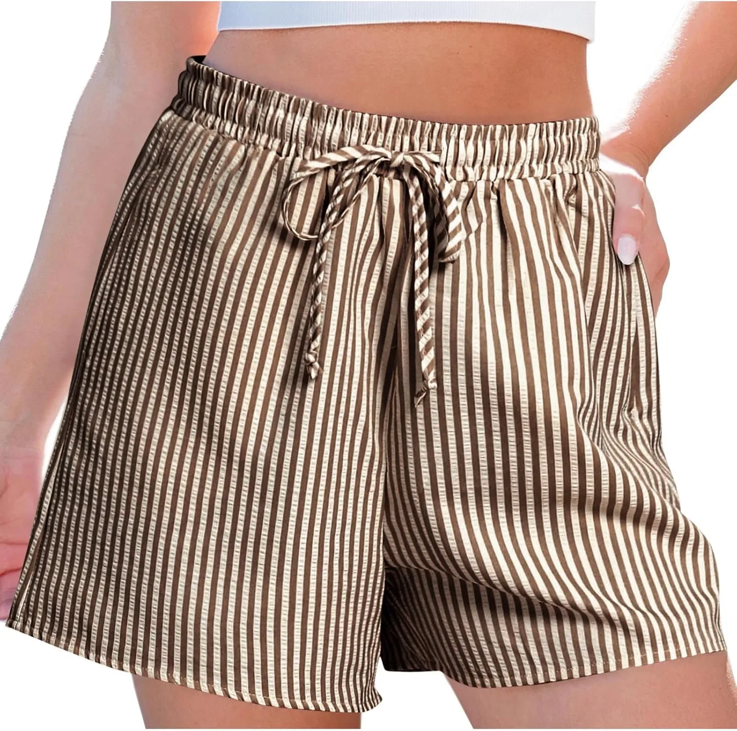 Полосатые шорты для женщин High Waisted с эластичным поясом и карманами
