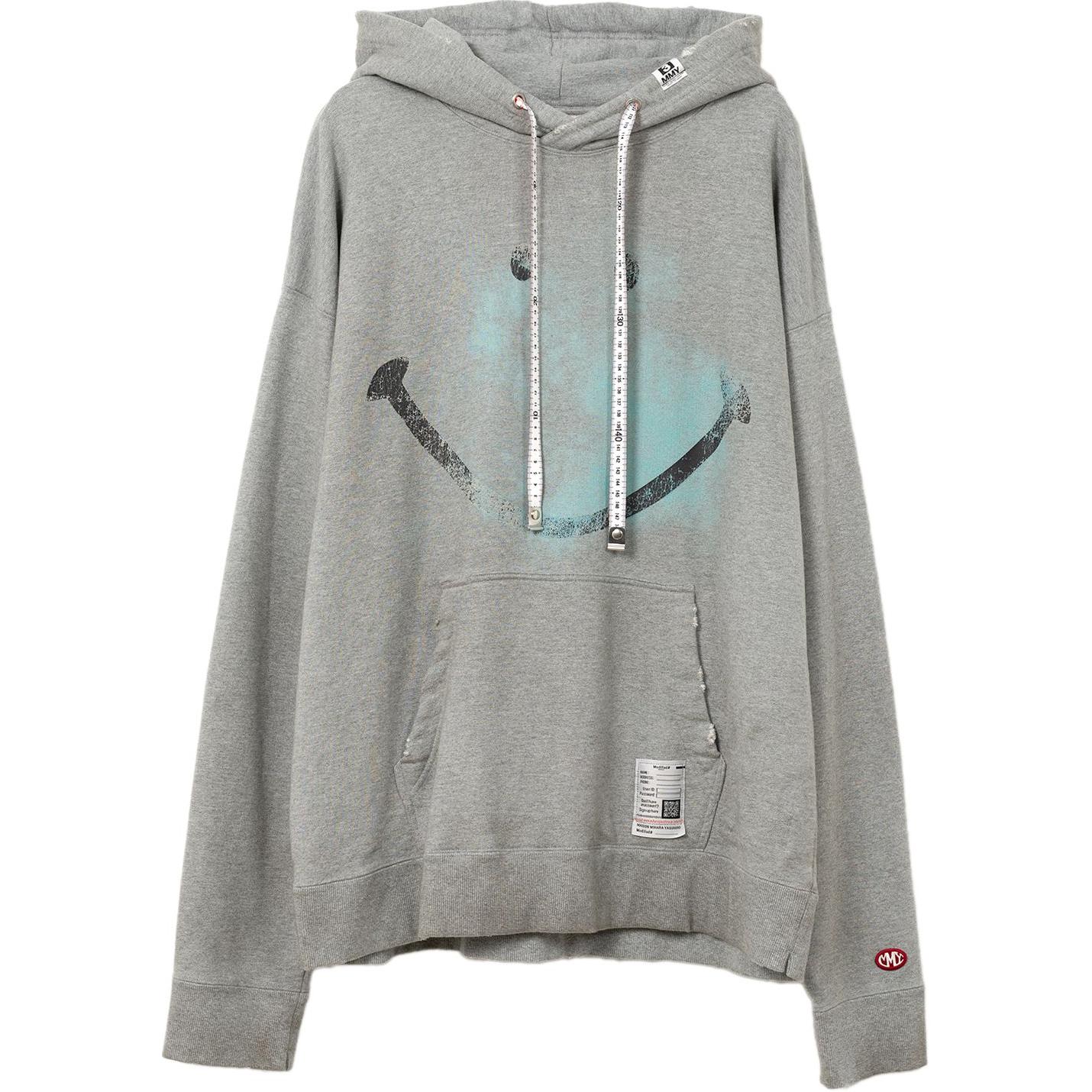 

Худи с принтом смайлика и потертостями на шнурке Maison Mihara Yasuhiro, серый