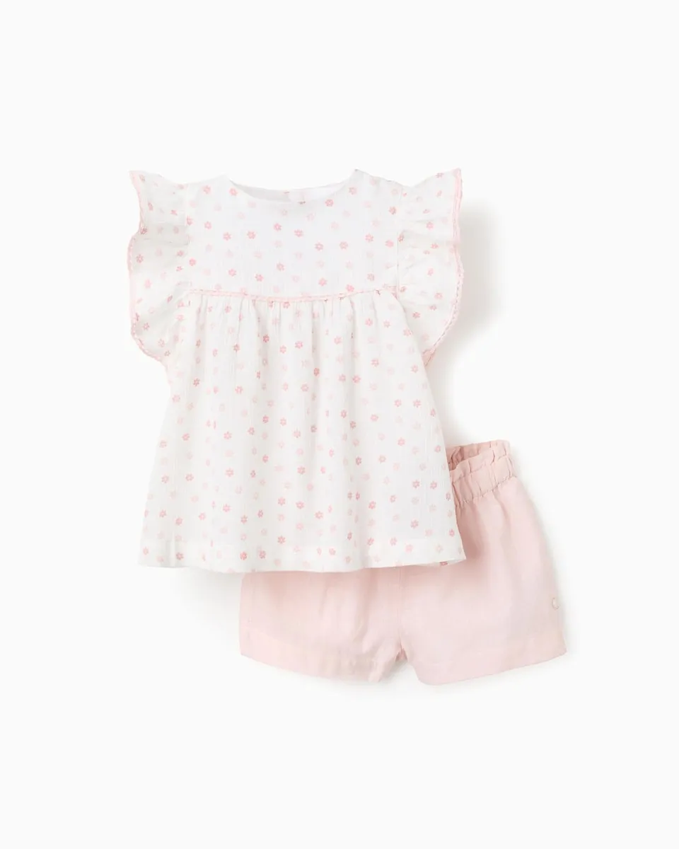 

Детский комплект 100% хлопок с цветочным принтом и оборками Zippy, белый/розовый