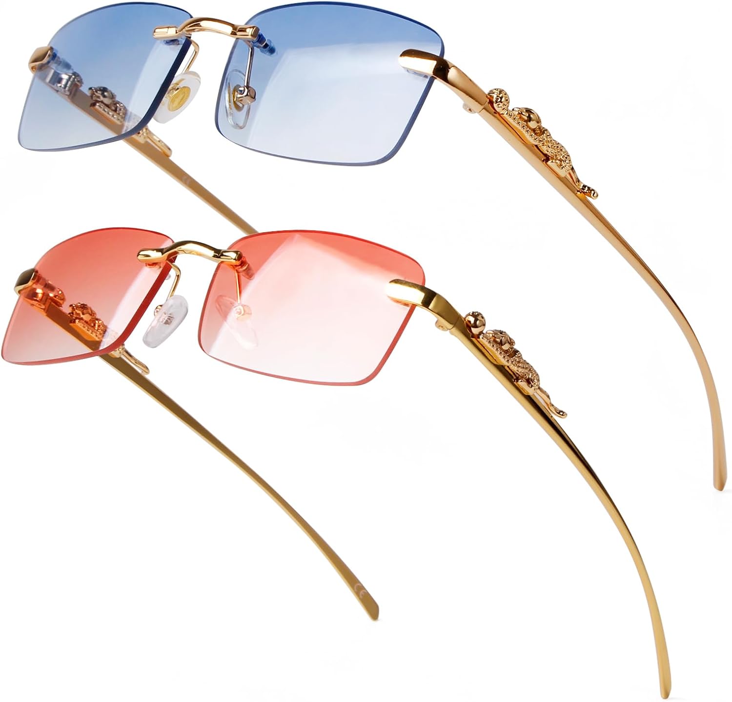 

Винтажные прямоугольные солнцезащитные очки без оправы для женщин и мужчин, модные квадратные солнцезащитные очки без оправы из золотистого металла, прозрачные очки piscm, 2 Pack (Gold/Pink+gold/Blue)