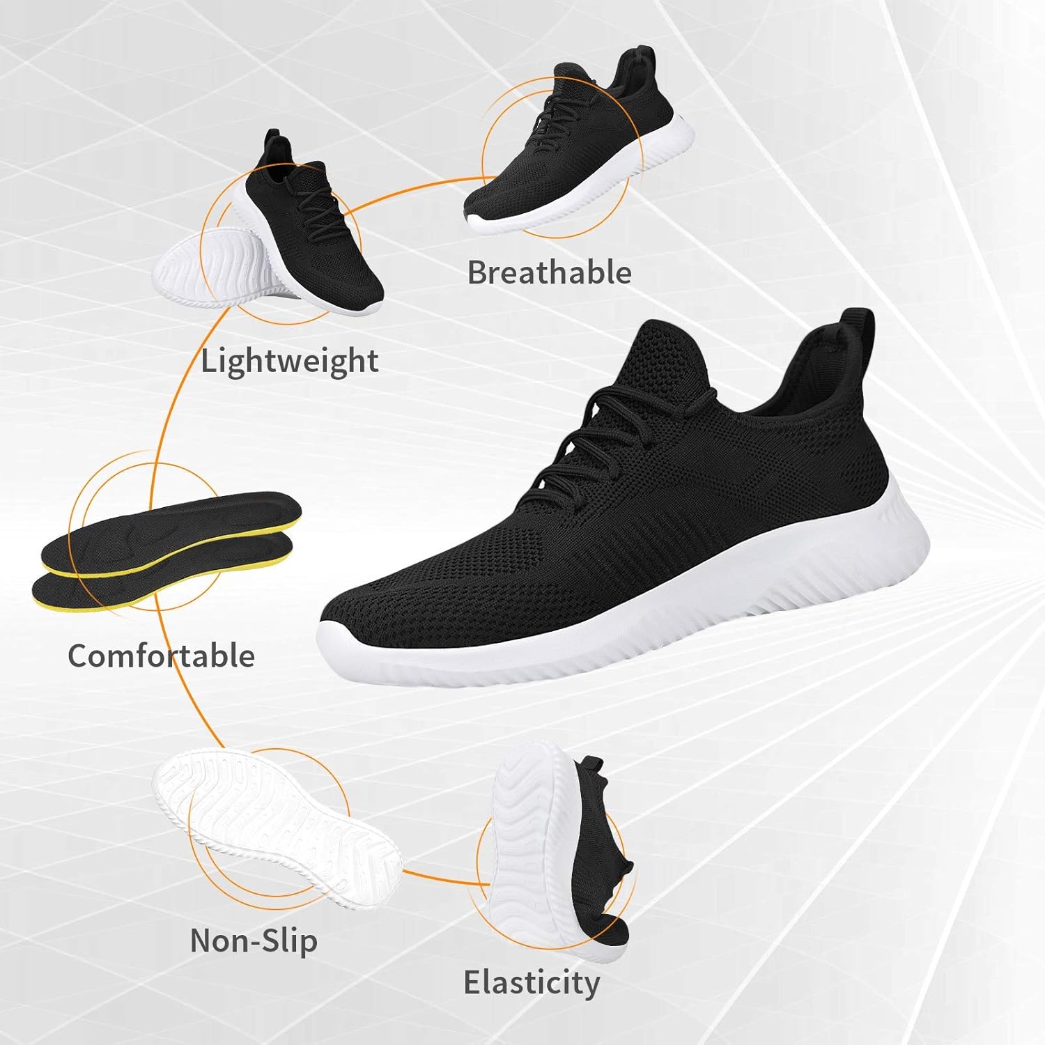 Кроссовки Flysocks для мужчин с легкой посадкой, нескользящие рабочие туфли, легкие дышащие сетчатые кроссовки для повседневной носки, тенниса, бега и ходьбы, черный — фото 3