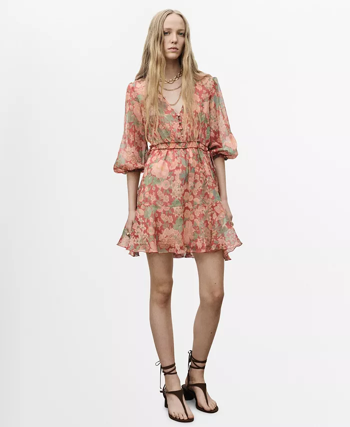 

Женское платье с цветочным принтом и пышными рукавами Mango, красный