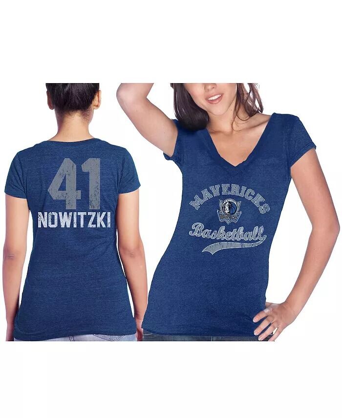 

Женская футболка Dirk Nowitzki Blue Dallas Mavericks с именем и номером Tri-Blend Majestic