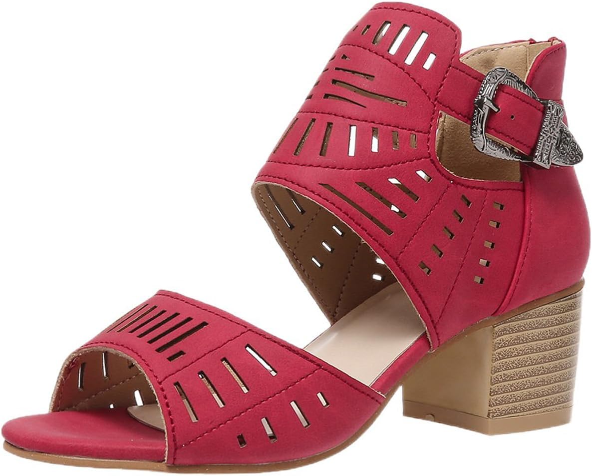 

Женские сандалии на каблуке с вырезами, открытым носком, летние, с массивным каблуком, ремешком на пятке и вокруг щиколотки, удобные дышащие мюли с открытым носком, с устойчивым низким каблуком, слайдоны на каблуке Generic, красный