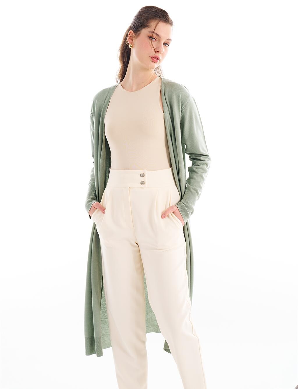 

Длинный трикотажный кардиган Moss Green Kayra