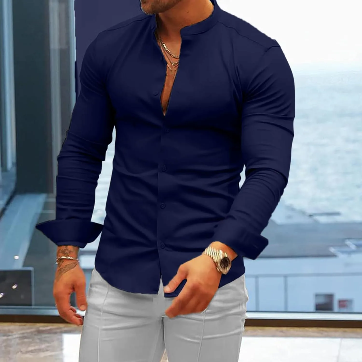 Мужская рубашка Slim Fit для офиса и повседневной носки с удобным отложным воротником на пуговицах Generic, темно-синий — фото 2