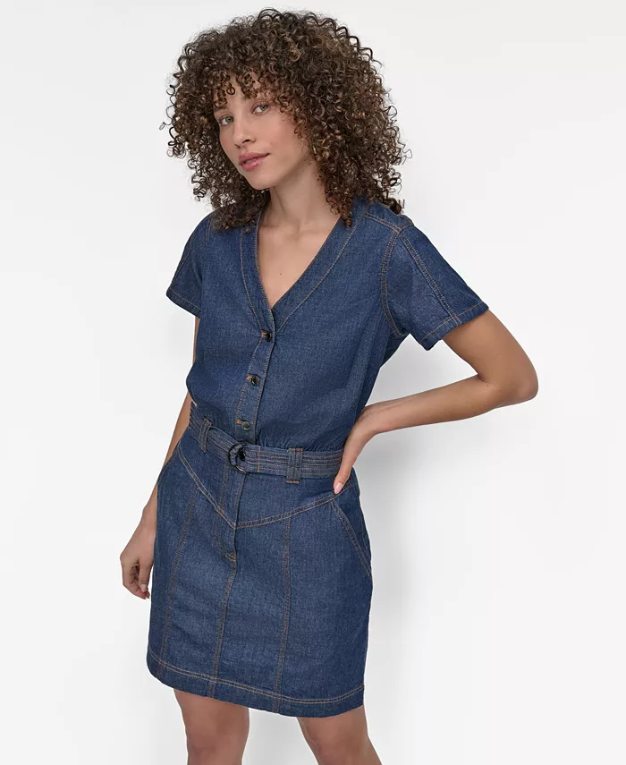 

Женское мини-платье из денима с застежкой на пуговицы DKNY, синий